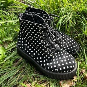 T.U.K Polka Dot Suede Black & White Creeper Platform Boots - Deadstock Y2K